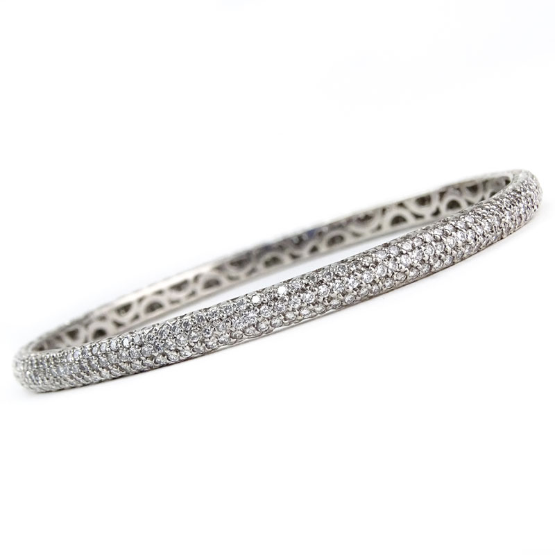 Approx. 6.0 Carat Pave Set White Diamond and 18 Karat White Gold Bangle Bracelet. Diamonds E-F color, VVS1-SI1 clarity. 
