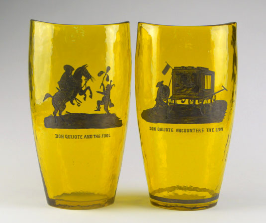 Pair of Don Quixote Amber Vases. One (1) Entitled "Don Quixote Encounters the Lion" and the other "Don Quixote and the Fool" Unsigned. 