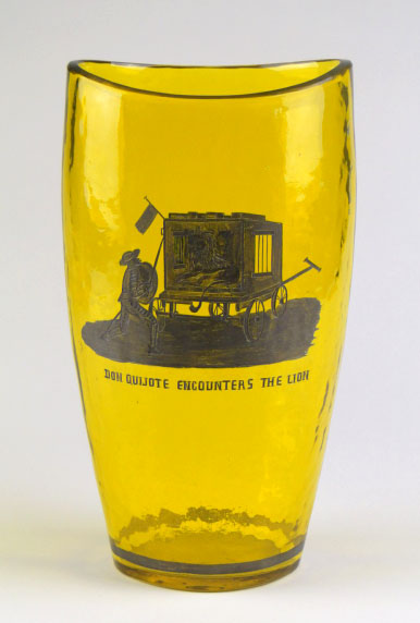 Pair of Don Quixote Amber Vases. One (1) Entitled "Don Quixote Encounters the Lion" and the other "Don Quixote and the Fool" Unsigned. 