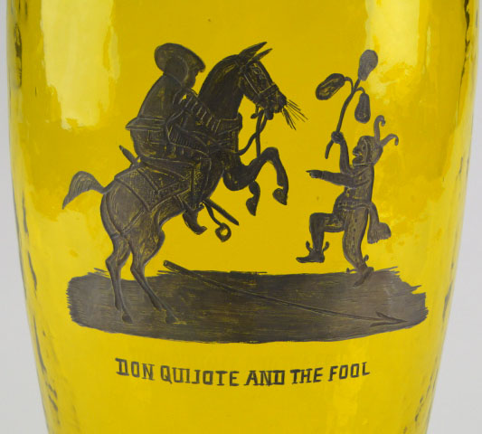Pair of Don Quixote Amber Vases. One (1) Entitled "Don Quixote Encounters the Lion" and the other "Don Quixote and the Fool" Unsigned. 