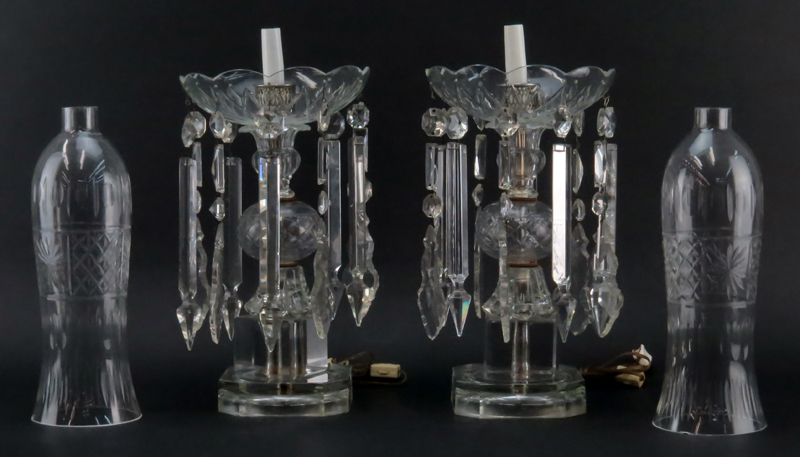 Pair of Mid Century Italian Cut Crystal Hurricane Lamps with Hanging Prisms.