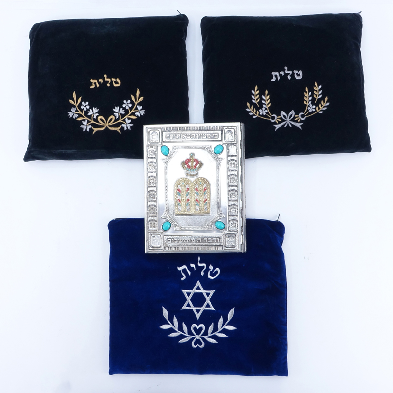 Collection Of Judaica Items. Includes Three (3) Tallit Bags 2 with shawls and yarmulkes, one is empty. 