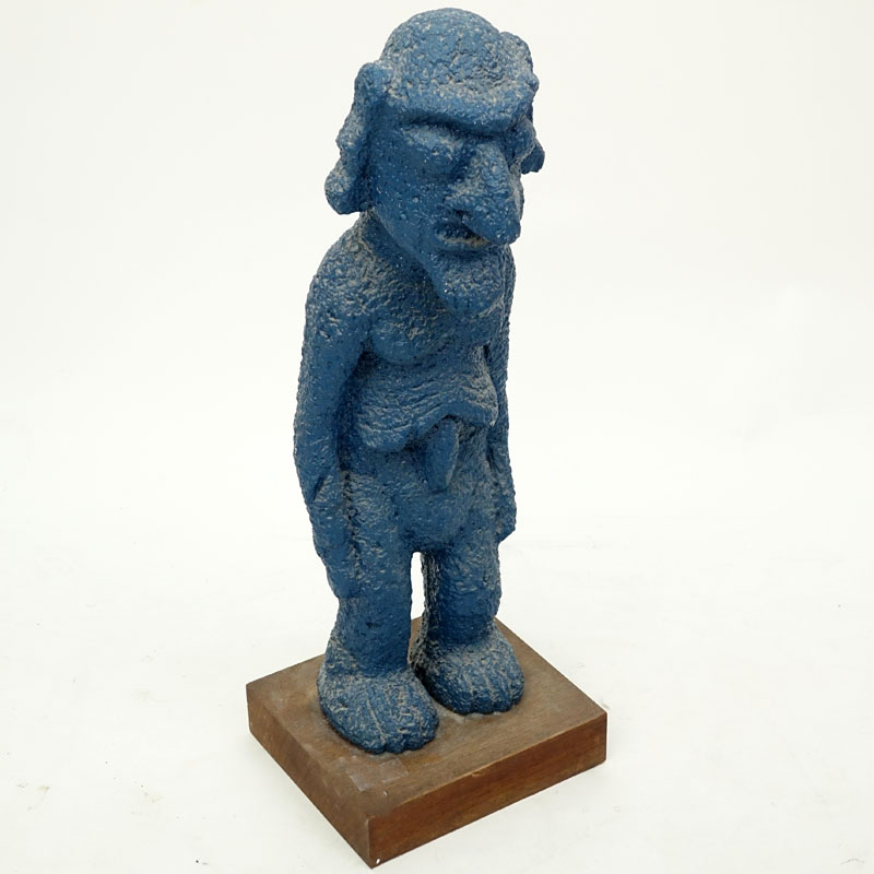 Modern Composition Blue Male Figurine on Wooden Plinth.
