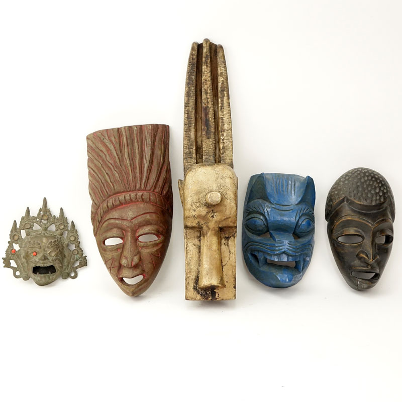 Lot of Five Vintage Masks. Includes African and Tibetan.