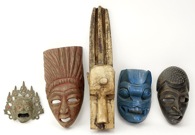 Lot of Five Vintage Masks. Includes African and Tibetan.