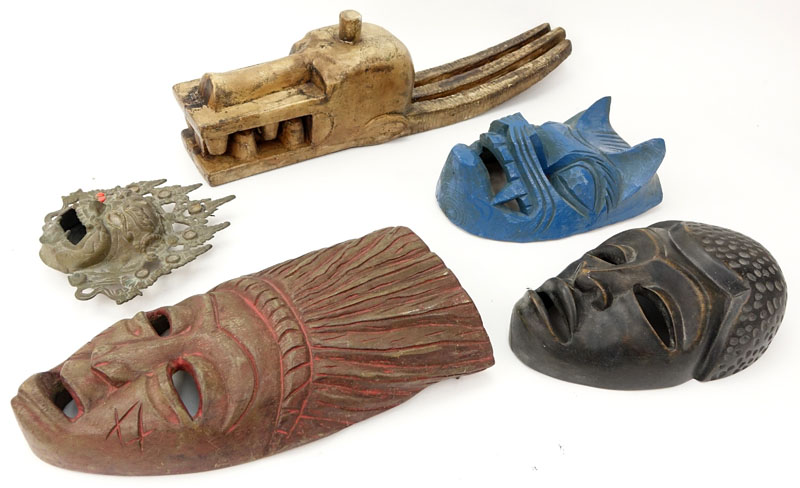 Lot of Five Vintage Masks. Includes African and Tibetan.