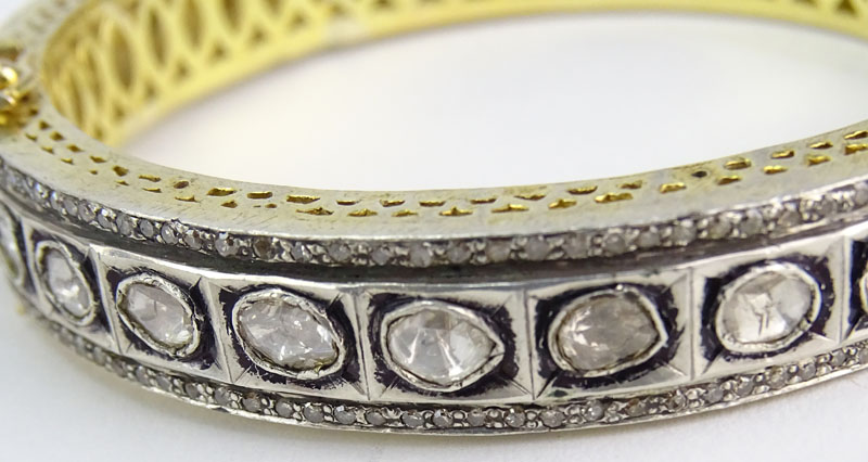 Rose Cut Diamond, 18 Karat Yellow Gold and Silver Bangle Bracelet. 