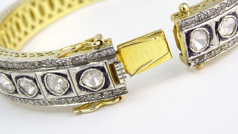 Rose Cut Diamond, 18 Karat Yellow Gold and Silver Bangle Bracelet. 