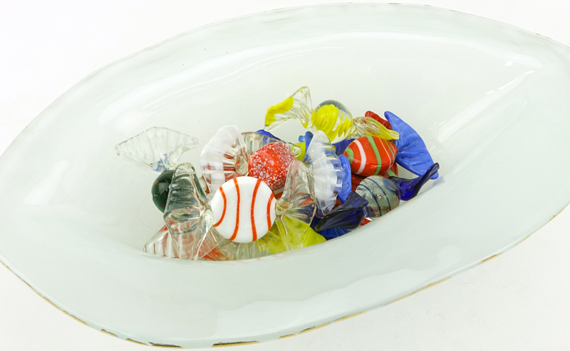 Contemporary Blown Glass Bowl With Glass Candies and Fruit. Bowl is signed and dated 1992.