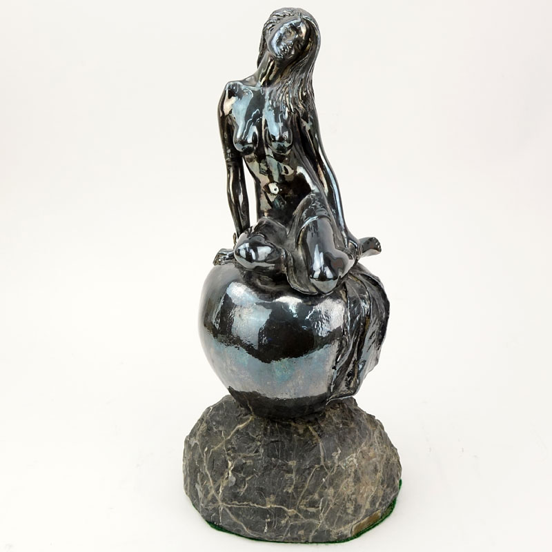 Yaacov Heller, Israeli (B. 1941) Silver Sculpture on Stone Base "Girl Atop Apple" Signed and labelled. 