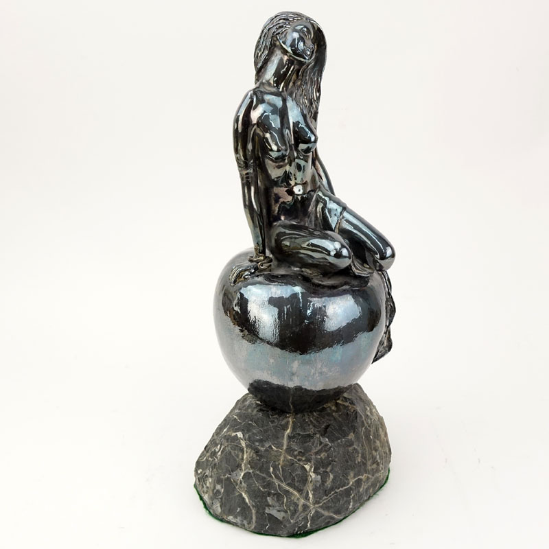 Yaacov Heller, Israeli (B. 1941) Silver Sculpture on Stone Base "Girl Atop Apple" Signed and labelled. 