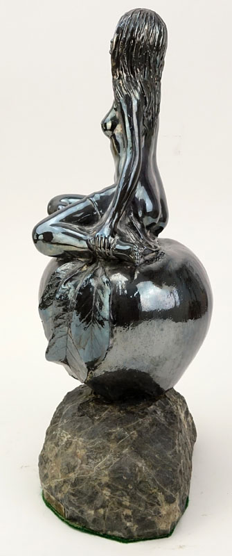 Yaacov Heller, Israeli (B. 1941) Silver Sculpture on Stone Base "Girl Atop Apple" Signed and labelled. 