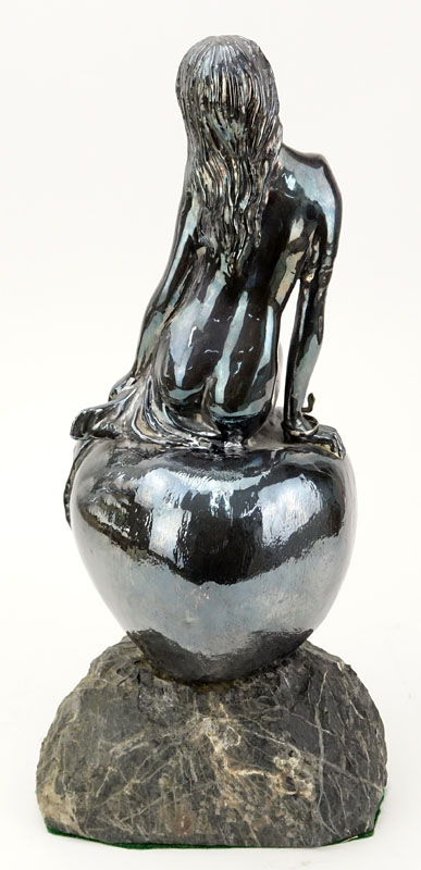 Yaacov Heller, Israeli (B. 1941) Silver Sculpture on Stone Base "Girl Atop Apple" Signed and labelled. 