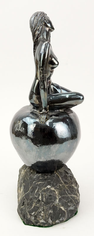 Yaacov Heller, Israeli (B. 1941) Silver Sculpture on Stone Base "Girl Atop Apple" Signed and labelled. 