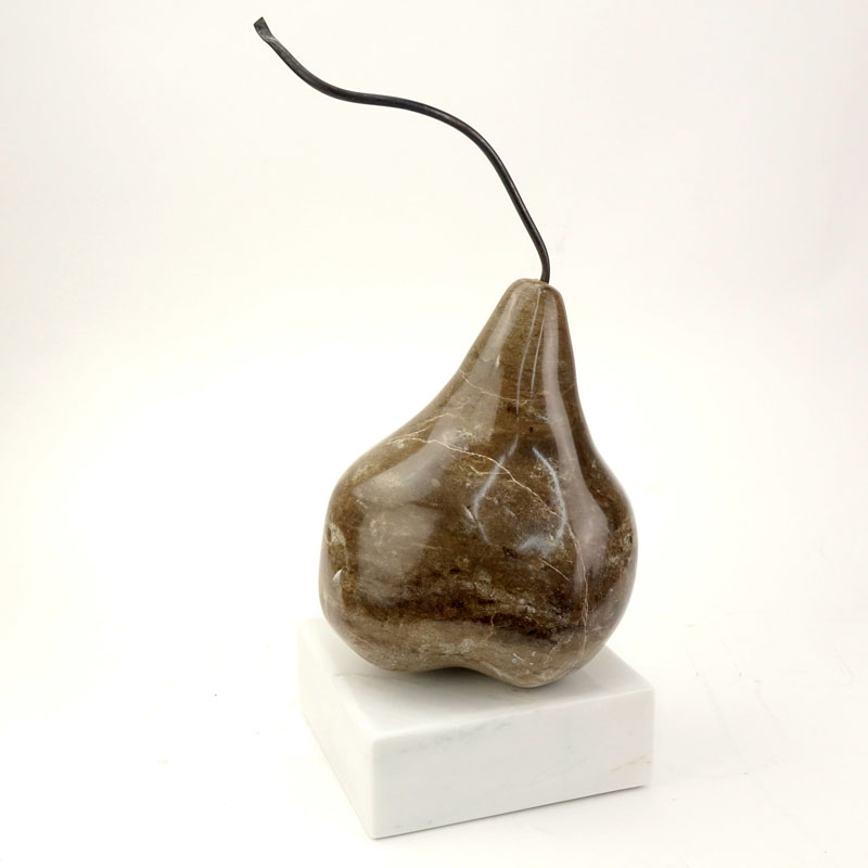 Contemporary Carved Marble Pear Sculpture On White Onyx Base.