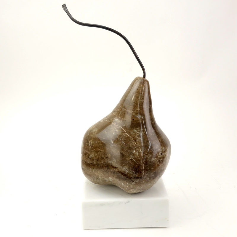 Contemporary Carved Marble Pear Sculpture On White Onyx Base.
