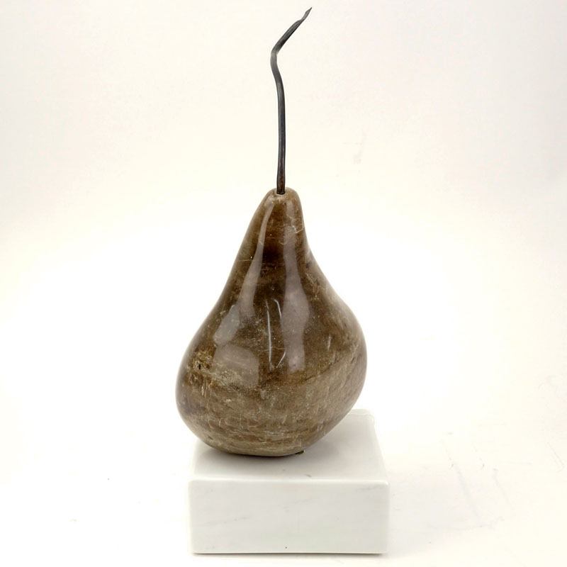 Contemporary Carved Marble Pear Sculpture On White Onyx Base.