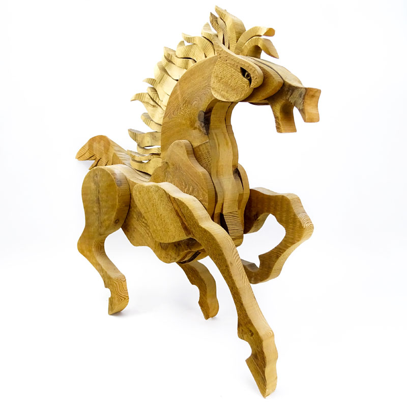 Large Contemporary Wood Carved Galloping Horse Sculpture.