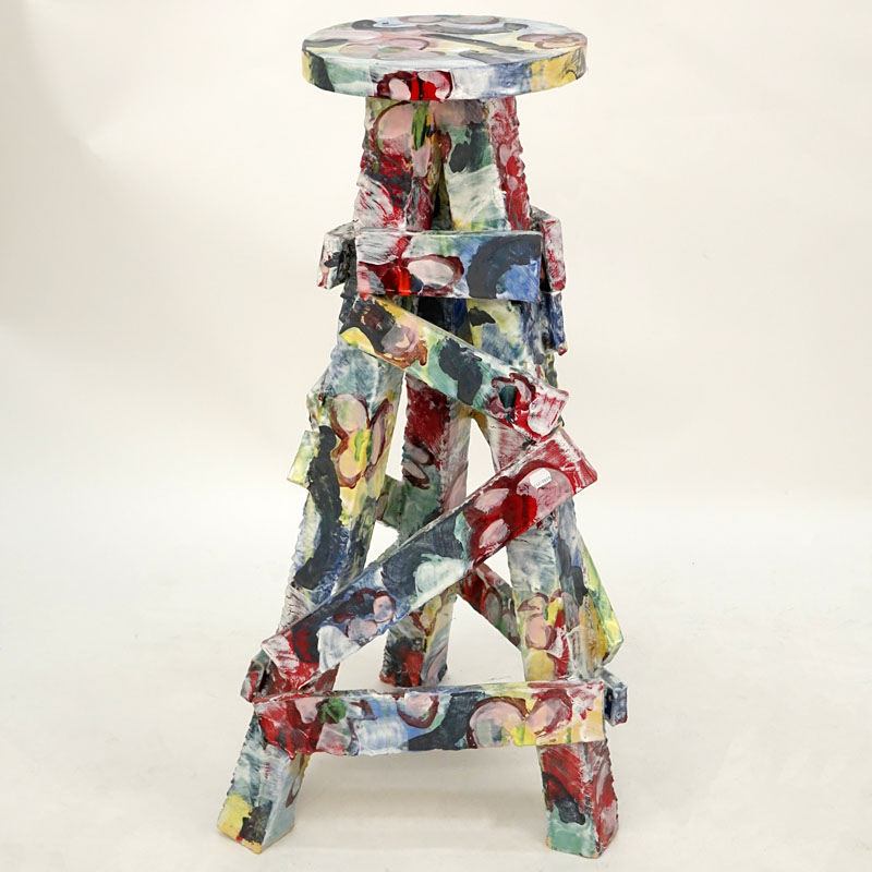 Contemporary Modern Heavy Painted Pottery Model of a Flower Bouquet atop a Matching Stand.