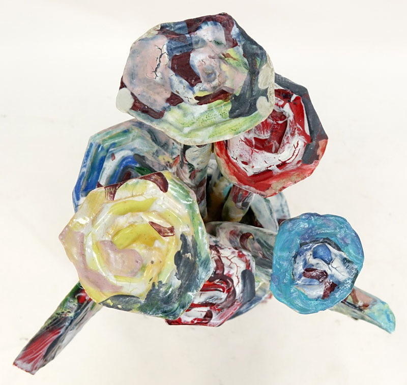 Contemporary Modern Heavy Painted Pottery Model of a Flower Bouquet atop a Matching Stand.