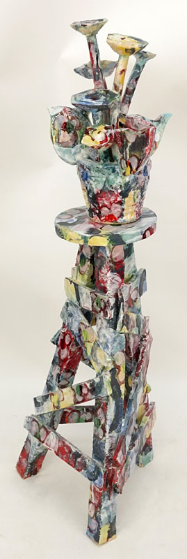 Contemporary Modern Heavy Painted Pottery Model of a Flower Bouquet atop a Matching Stand.