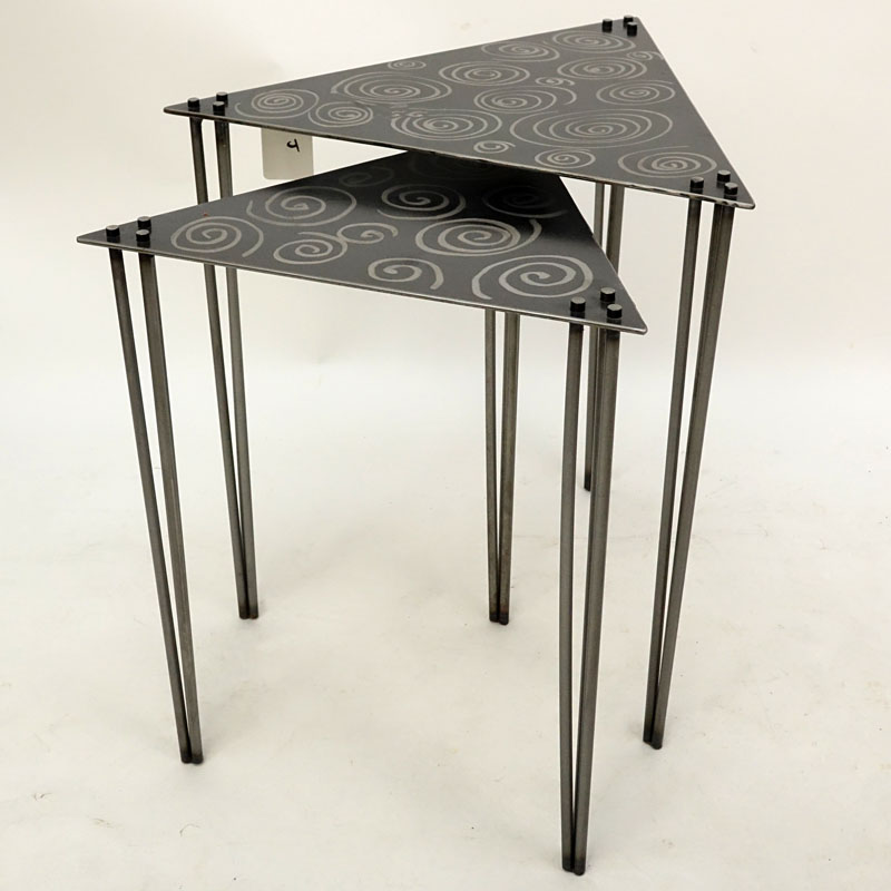 Two Contemporary Welded Steel Nesting Tables. Both with triangular shape and dremeled swirl design.
