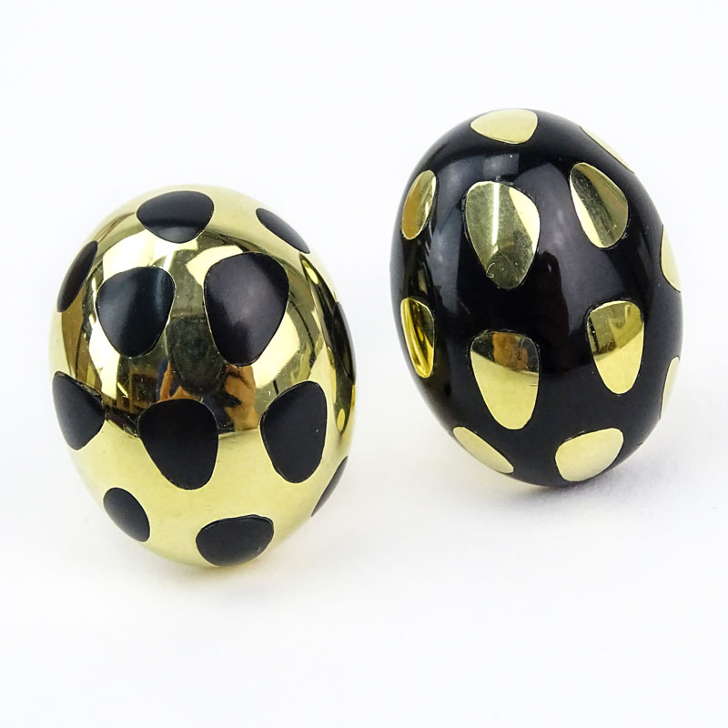 Tiffany & Co 18 Karat Yellow Gold and Enamel Reverse Design Polka Dot Earrings.