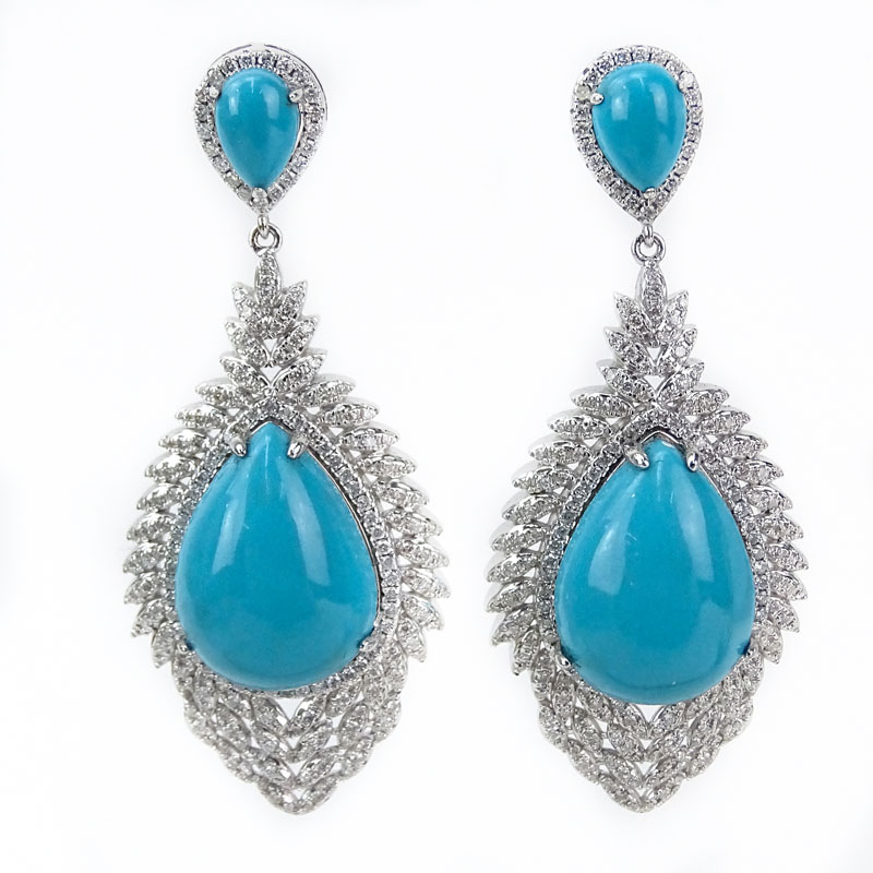 Approx. 17.15 Carat Persian Turquoise, 1.81 Carat Diamond and 14 Karat White Gold Pendant Earrings. 