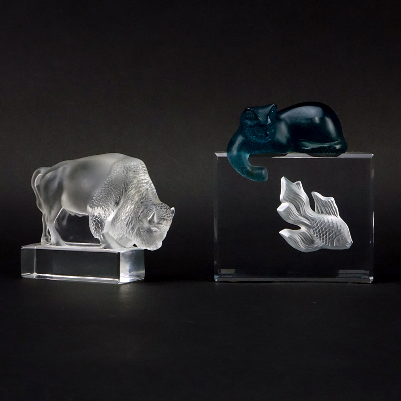 Daum Crystal "Aquarium" along with Lalique Bison Figurines. 