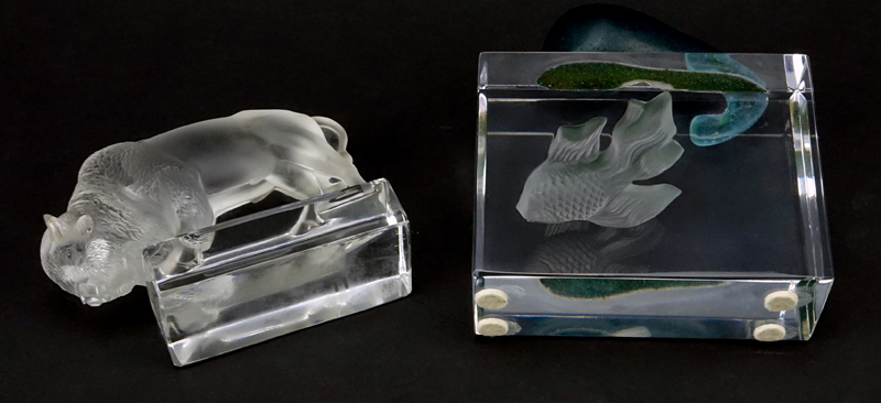 Daum Crystal "Aquarium" along with Lalique Bison Figurines. 