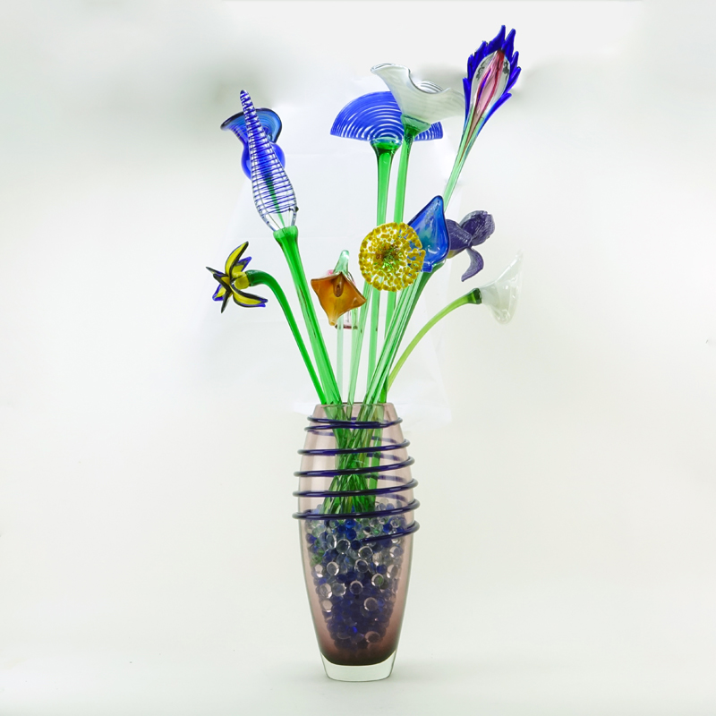 Mid Century Beranek Art Glass Bouquet of Flowers in Marcello Furlan Vase.