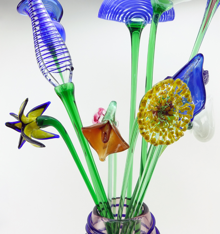 Mid Century Beranek Art Glass Bouquet of Flowers in Marcello Furlan Vase.