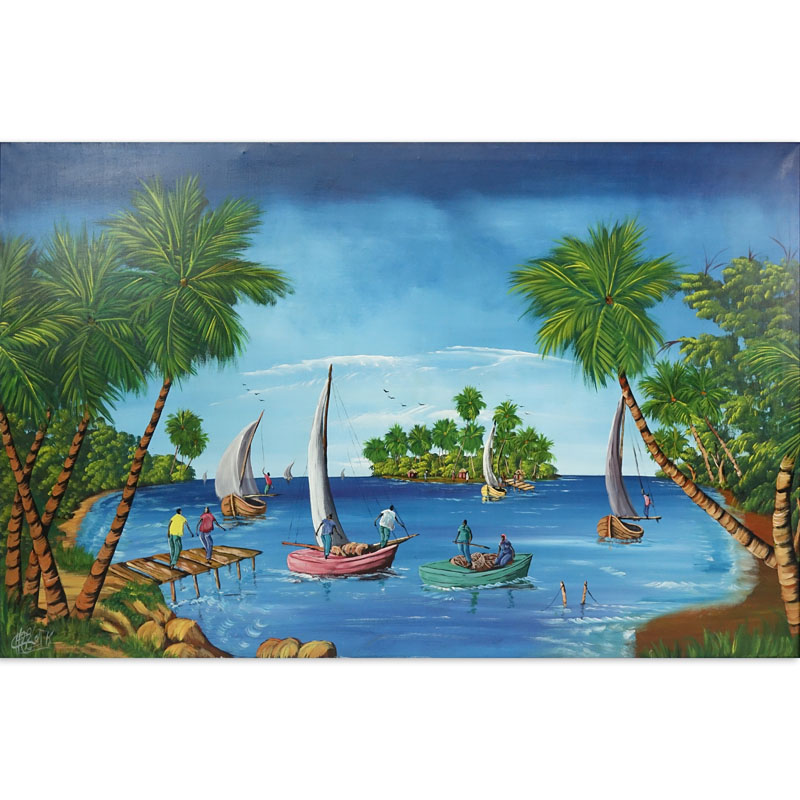 Contemporary Haitian Acrylic On Canvas "Island Fishing" Signed lower left (illegible).