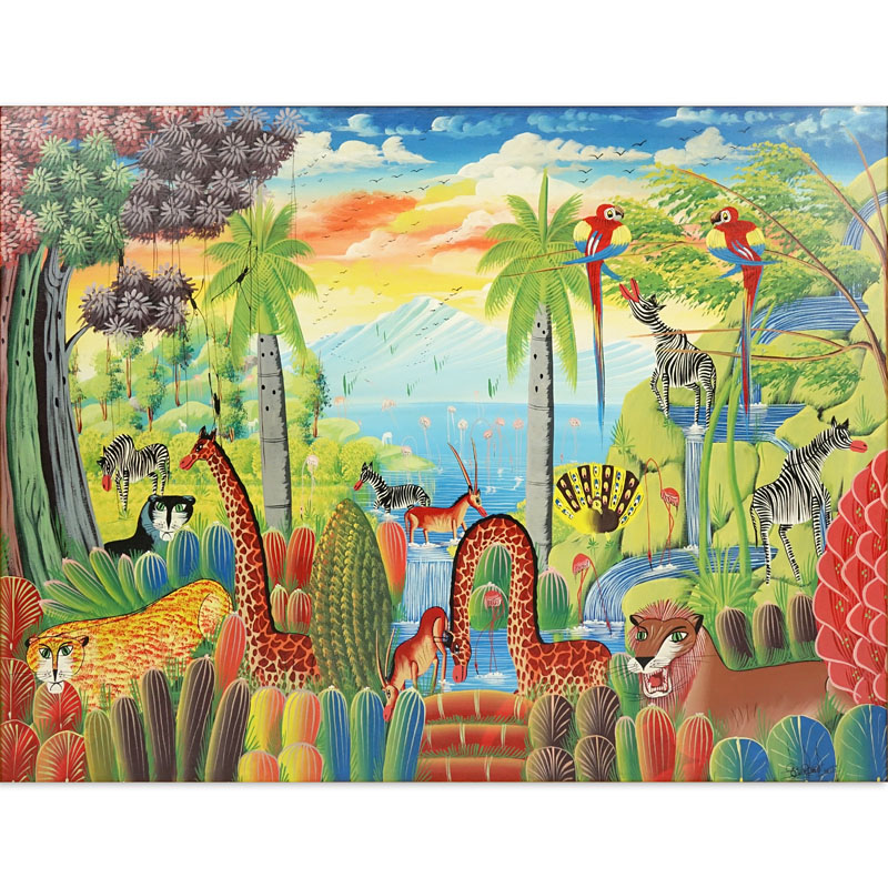 Contemporary Haitian Acrylic On Canvas "Jungle Scene" Signed lower right Jacky ____.