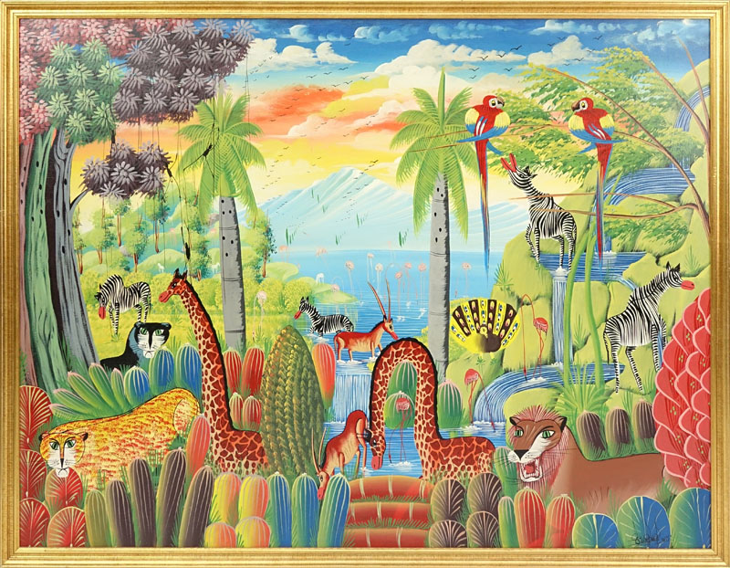 Contemporary Haitian Acrylic On Canvas "Jungle Scene" Signed lower right Jacky ____.