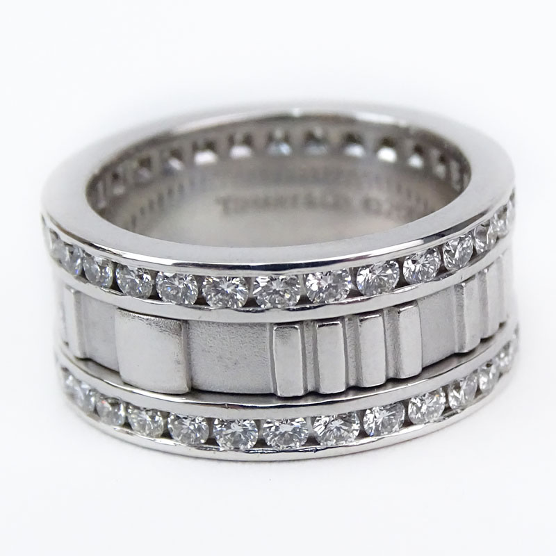 Tiffany & Co Approx. 1.50 Carat Round Brilliant Cut Diamond and 18 Karat White Gold Atlas Roman Numeral Band Ring.