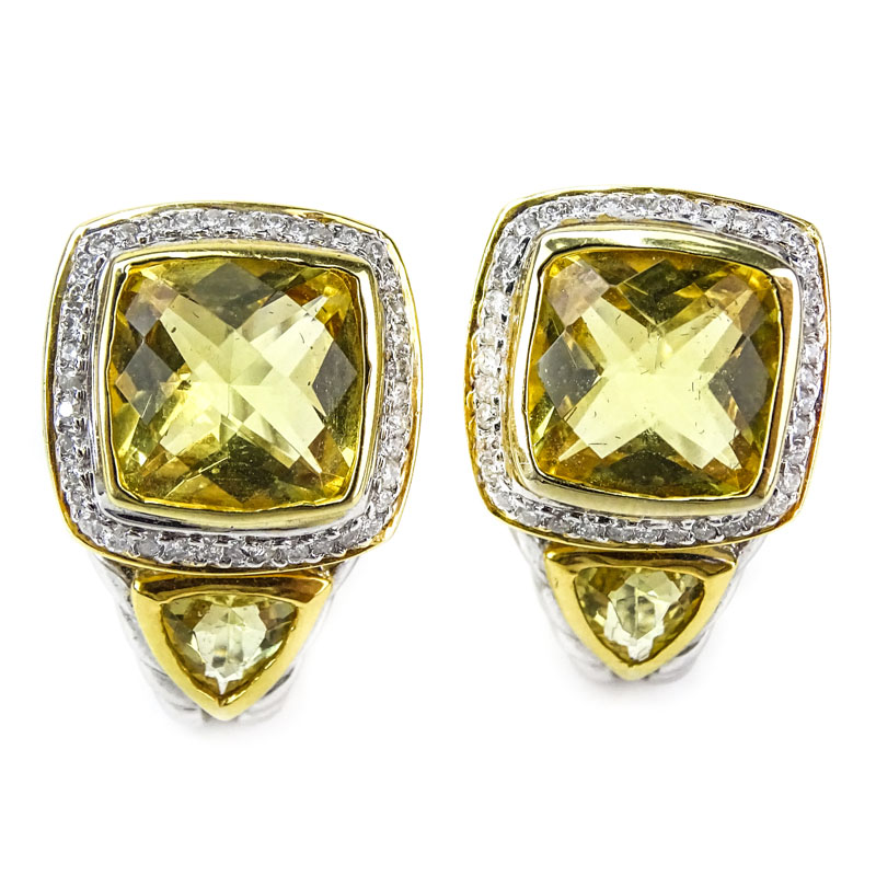 Approx. 6.57 Carat Yellow Quartz, .43 Carat Diamond and 14 Karat Yellow and White Gold Earrings. 