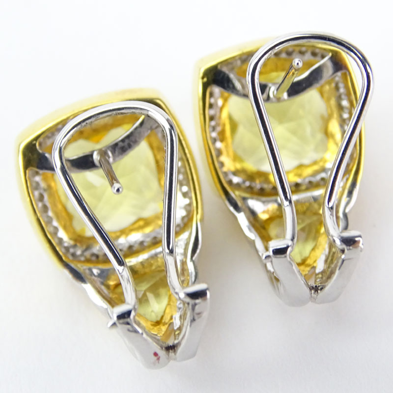 Approx. 6.57 Carat Yellow Quartz, .43 Carat Diamond and 14 Karat Yellow and White Gold Earrings. 