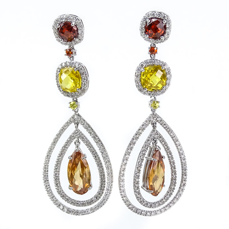 Approx. 37.03 Carat Multi Color Citrine, 3.13 Carat Diamond and 14 Karat White Gold Chandelier Earrings.