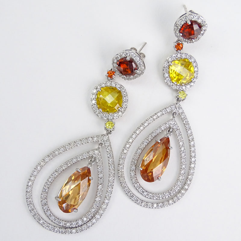 Approx. 37.03 Carat Multi Color Citrine, 3.13 Carat Diamond and 14 Karat White Gold Chandelier Earrings.
