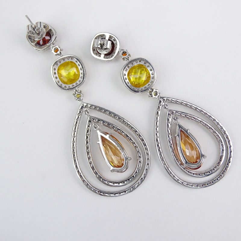 Approx. 37.03 Carat Multi Color Citrine, 3.13 Carat Diamond and 14 Karat White Gold Chandelier Earrings.