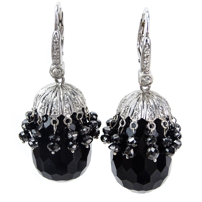 Approx. 8.99 Carat Black Diamond, .52 Carat Pave Set Diamond, Black Stone and 18 Karat White Gold Pendant Earrings. 