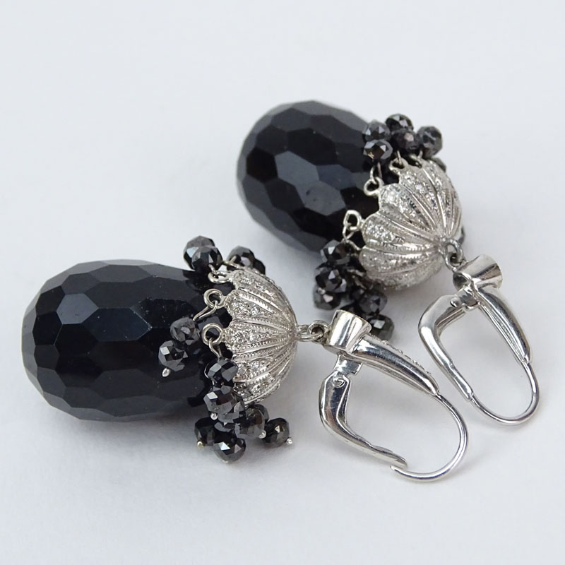 Approx. 8.99 Carat Black Diamond, .52 Carat Pave Set Diamond, Black Stone and 18 Karat White Gold Pendant Earrings. 