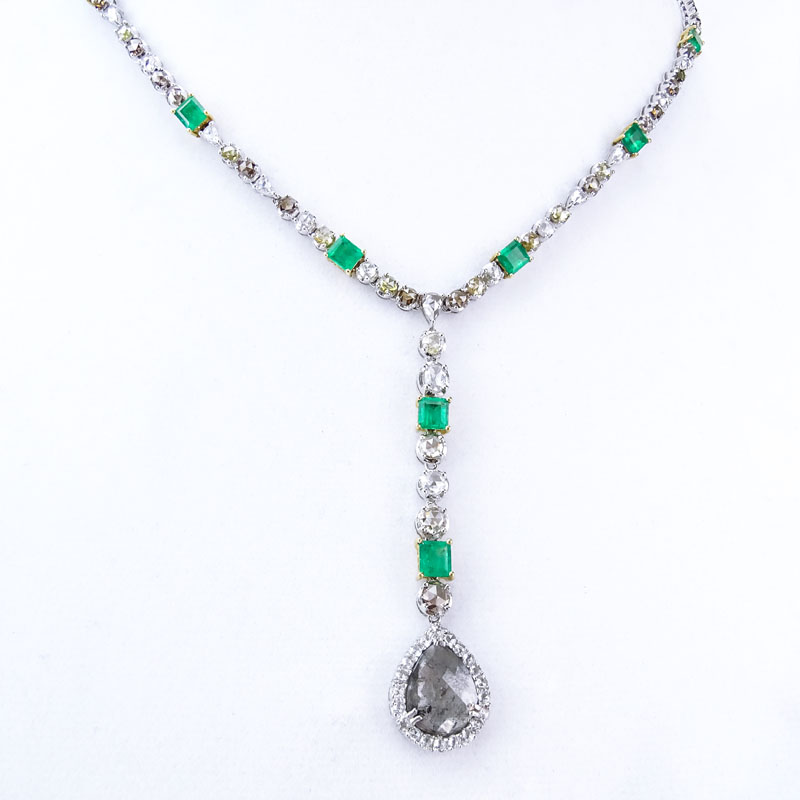 Approx. 10.42 Carat Multi Cut, Multi Color Diamond, 4.96 Carat Emerald and 18 Karat Yellow and White Gold Pendant Necklace. 