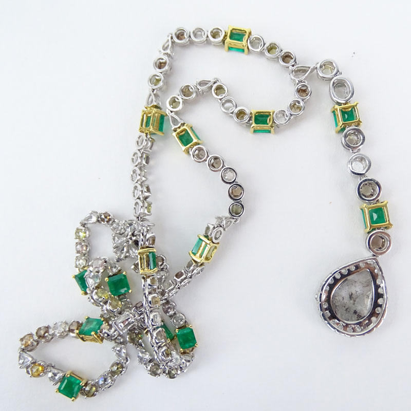 Approx. 10.42 Carat Multi Cut, Multi Color Diamond, 4.96 Carat Emerald and 18 Karat Yellow and White Gold Pendant Necklace. 