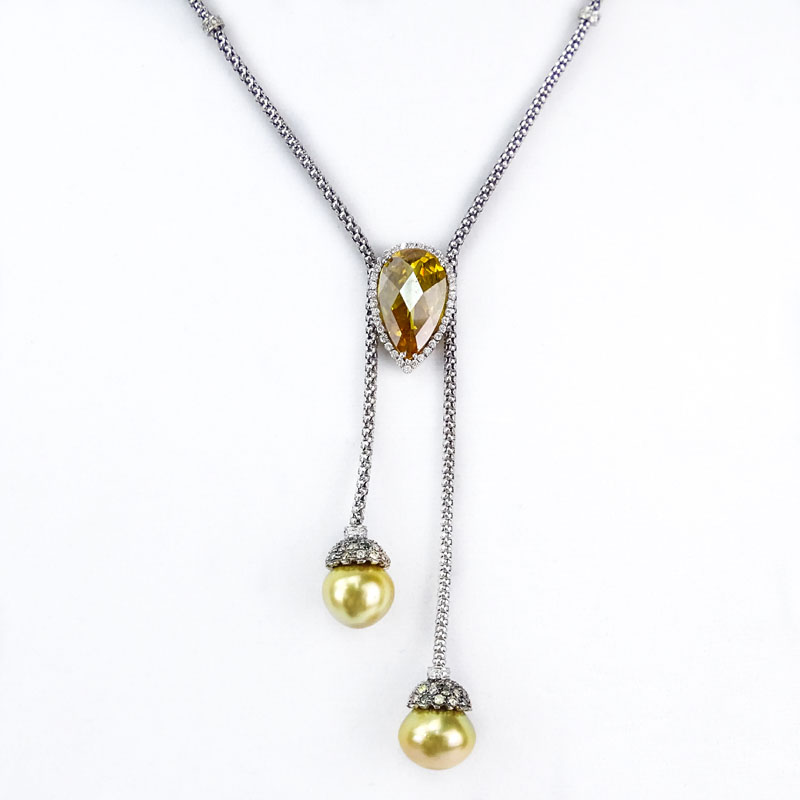 Approx. 2.61 Carat TW White and Multi Color Diamond, 19.90 Carat Citrine, Golden South Sea Pearl and 18 Karat White Gold Necklace. 