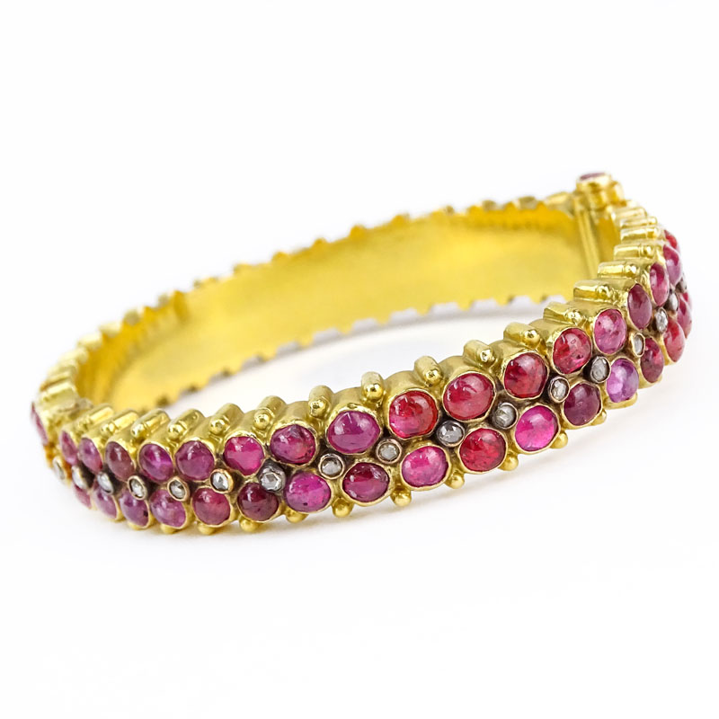 Approx. 22.50 Carat Cabochon Ruby, 1.0 Carat Rose Cut Diamond and 22 Karat Yellow Gold Hinged Bangle Bracelet. 