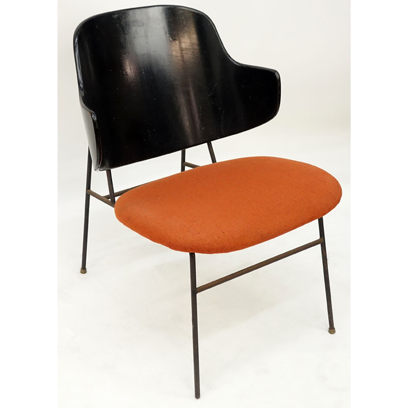 Kofoed Larson Wood, Iron, and Upholstered Shell Back Chair. Black lacquer back rest, upholstered seat and stands on iron frame