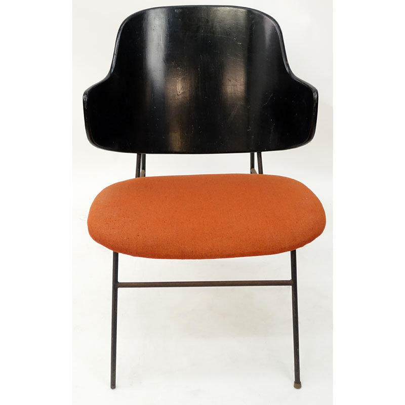 Kofoed Larson Wood, Iron, and Upholstered Shell Back Chair. Black lacquer back rest, upholstered seat and stands on iron frame