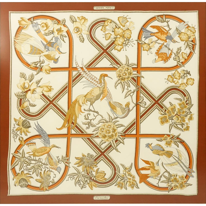 Hermes "Caraibes" Silk Scarf in Frame. 